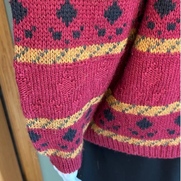 Sweaters of Ireland Vintage Cardigan 100% Pure Wool Fair Isle Maroon Gold Large - Picture 10 of 13